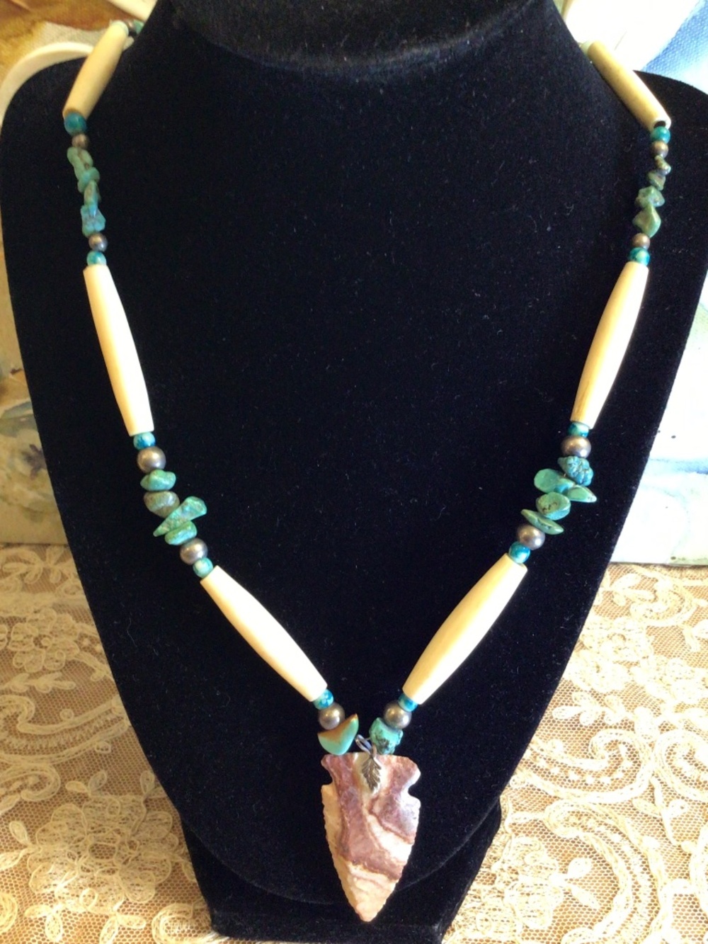 Southwestern Arrowhead Pendant Necklace Turquoise Nuggets Hairpipe Beads